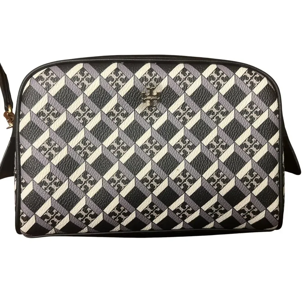 Tory Burch T Monogram Geometric Wristlet Pouch Bag Navy Blue Cream Logo Cosmetic